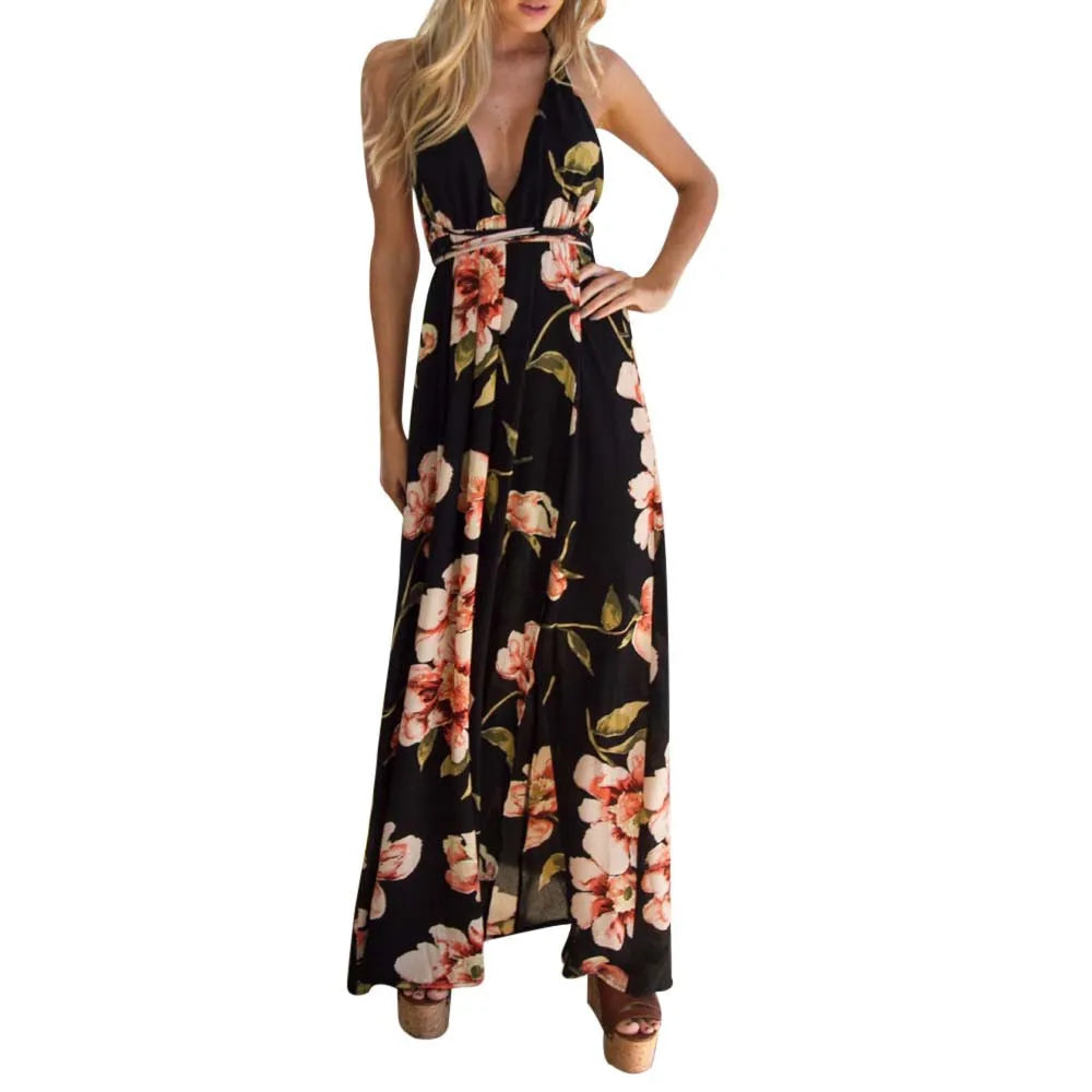 2019 Womens dress Summer Boho Maxi Long Dress Evening Sexy Party Beach Dresses Sundress Floral Halter robe femme Summer vestidos