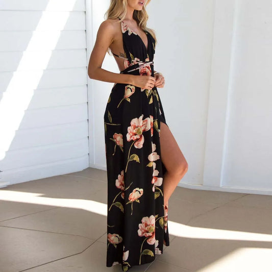 2019 Womens dress Summer Boho Maxi Long Dress Evening Sexy Party Beach Dresses Sundress Floral Halter robe femme Summer vestidos