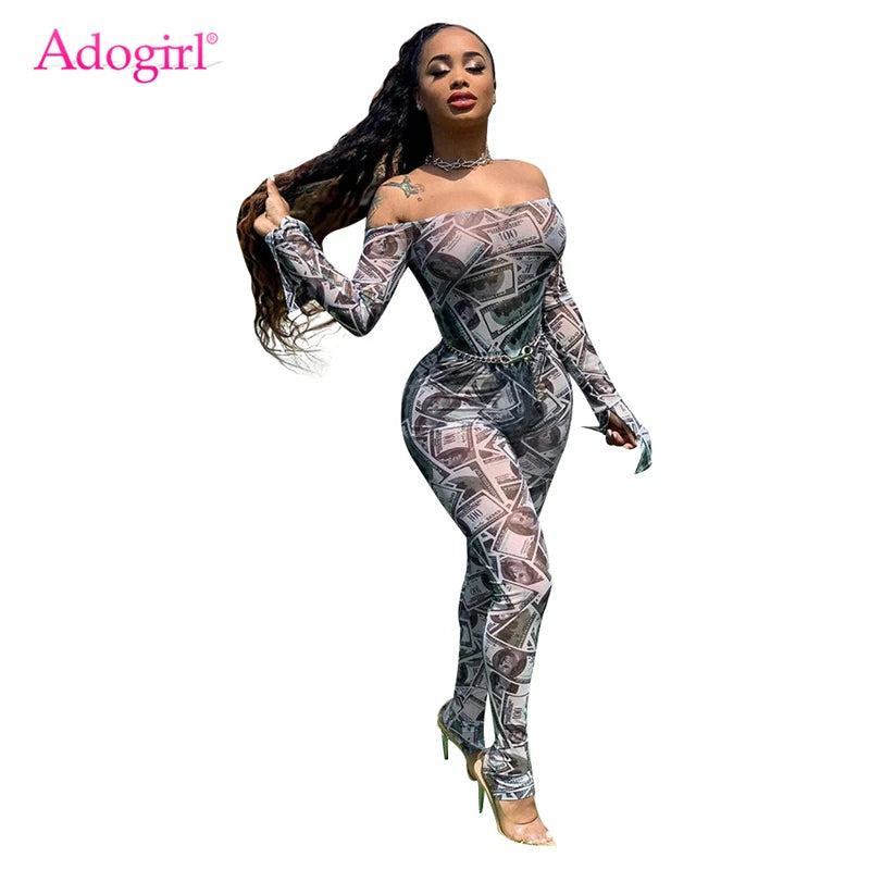 Adogirl Money Dollar Print Sheer Mesh Jumpsuit Women Sexy Off Shoulder Long Flare Sleeve Skinny Romper Night Club Overall Outfit