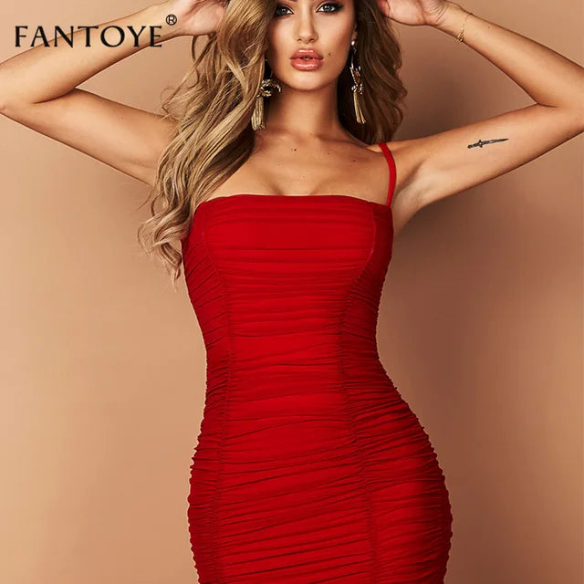 Fantoye Two Layers Mesh Ruched Dress Women Autumn Summer Strapless Elegant Christmas Sexy Club Party Ladies Dresses Vestidos