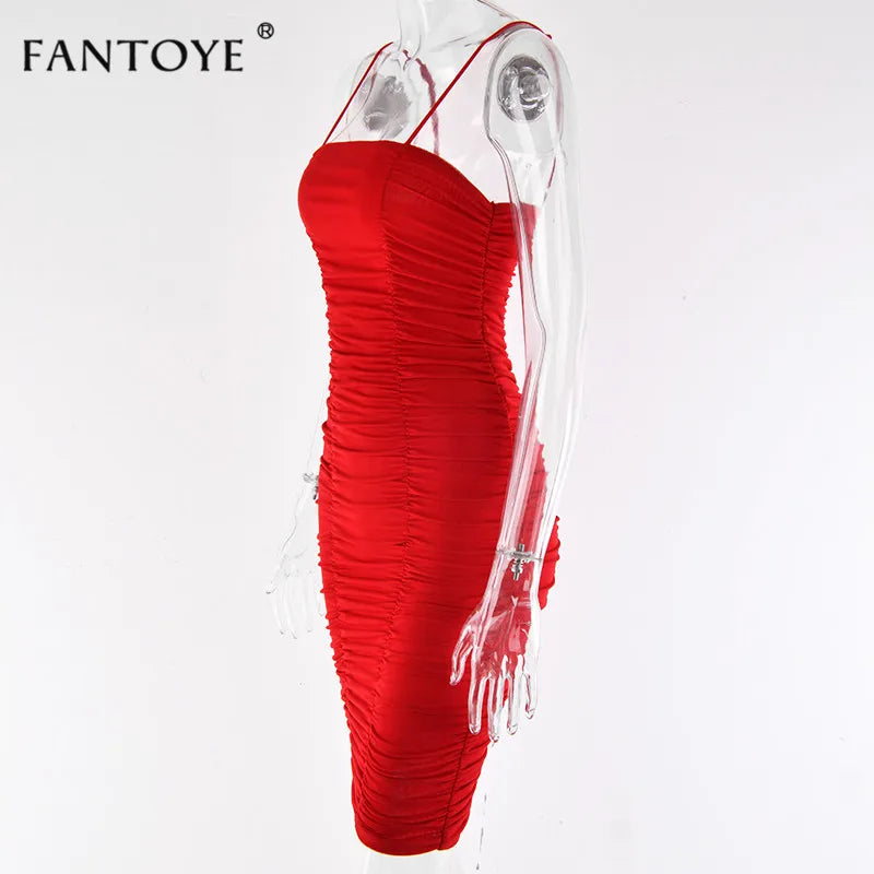 Fantoye Two Layers Mesh Ruched Dress Women Autumn Summer Strapless Elegant Christmas Sexy Club Party Ladies Dresses Vestidos