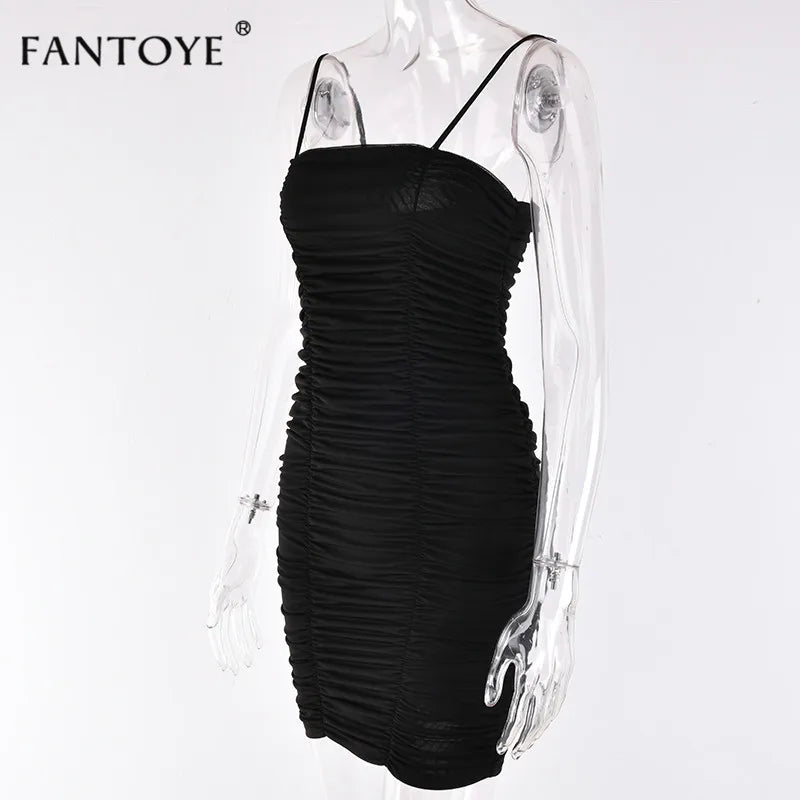 Fantoye Two Layers Mesh Ruched Dress Women Autumn Summer Strapless Elegant Christmas Sexy Club Party Ladies Dresses Vestidos