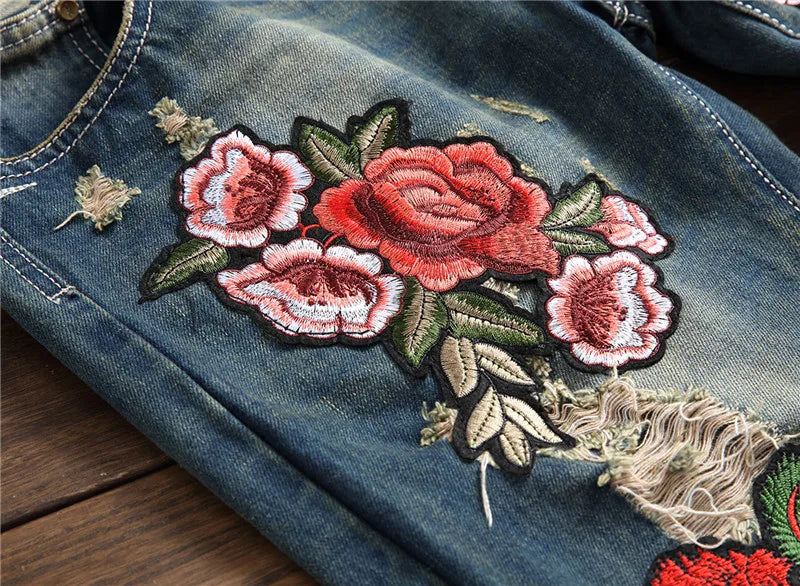 New Fashion Designer Men Jeans Famous Brand Italian luxury Rose Embroidered Jeans Slim Fit Mens Printed Jeans Biker Denim Pants