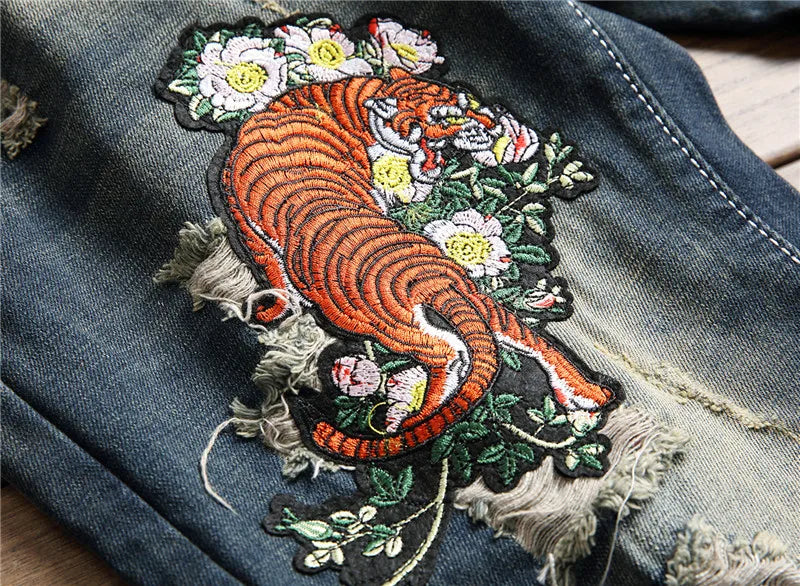 New Fashion Designer Men Jeans Famous Brand Italian luxury Rose Embroidered Jeans Slim Fit Mens Printed Jeans Biker Denim Pants