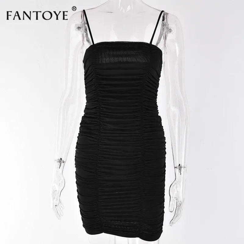 Fantoye Two Layers Mesh Ruched Dress Women Autumn Summer Strapless Elegant Christmas Sexy Club Party Ladies Dresses Vestidos