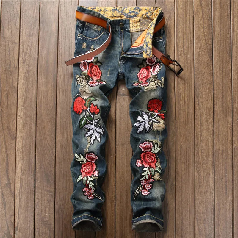 New Fashion Designer Men Jeans Famous Brand Italian luxury Rose Embroidered Jeans Slim Fit Mens Printed Jeans Biker Denim Pants