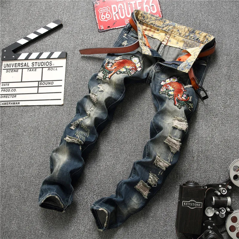 New Fashion Designer Men Jeans Famous Brand Italian luxury Rose Embroidered Jeans Slim Fit Mens Printed Jeans Biker Denim Pants