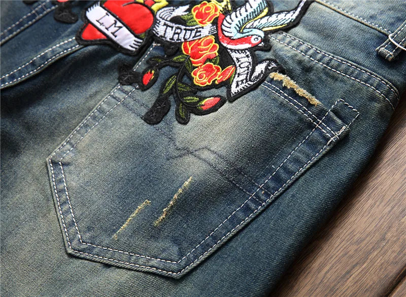 New Fashion Designer Men Jeans Famous Brand Italian luxury Rose Embroidered Jeans Slim Fit Mens Printed Jeans Biker Denim Pants