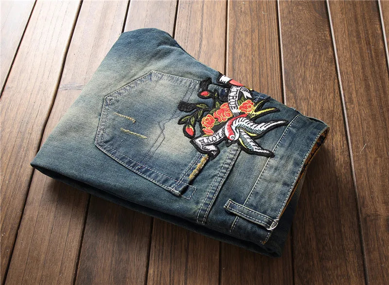 New Fashion Designer Men Jeans Famous Brand Italian luxury Rose Embroidered Jeans Slim Fit Mens Printed Jeans Biker Denim Pants