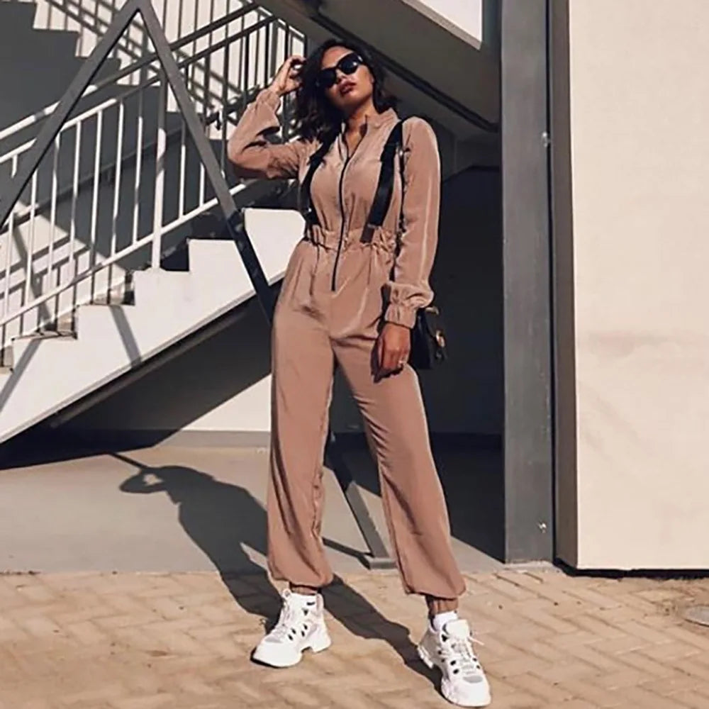 Women Loose Jumpsuit With Buckle Belt Khaki Long Sleeve Overalls High Street Fashion Autumn Female Black Zipper Romper Playsuit