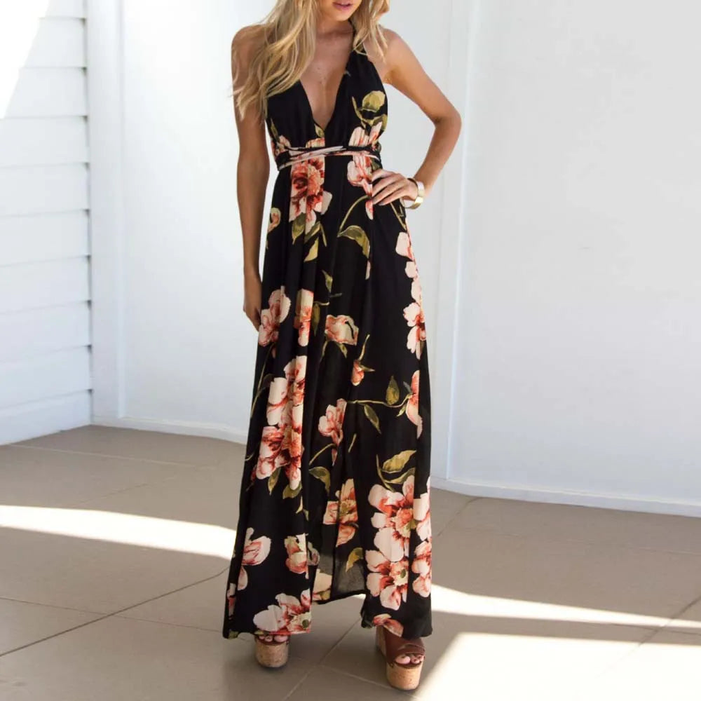 2019 Womens dress Summer Boho Maxi Long Dress Evening Sexy Party Beach Dresses Sundress Floral Halter robe femme Summer vestidos