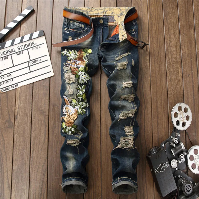 New Fashion Designer Men Jeans Famous Brand Italian luxury Rose Embroidered Jeans Slim Fit Mens Printed Jeans Biker Denim Pants