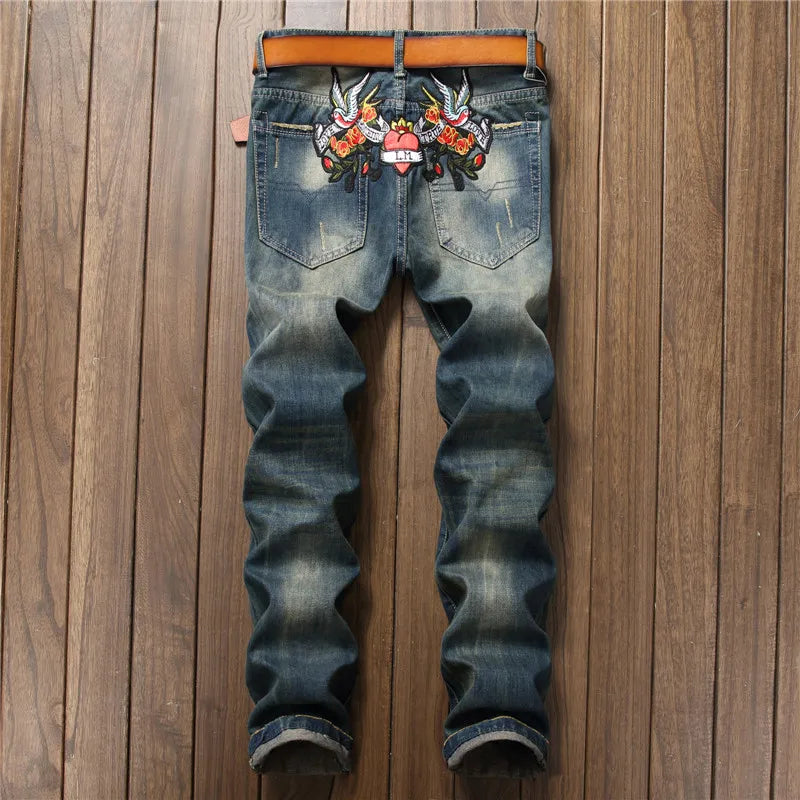 New Fashion Designer Men Jeans Famous Brand Italian luxury Rose Embroidered Jeans Slim Fit Mens Printed Jeans Biker Denim Pants