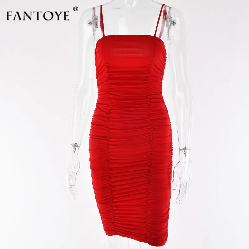 Fantoye Two Layers Mesh Ruched Dress Women Autumn Summer Strapless Elegant Christmas Sexy Club Party Ladies Dresses Vestidos