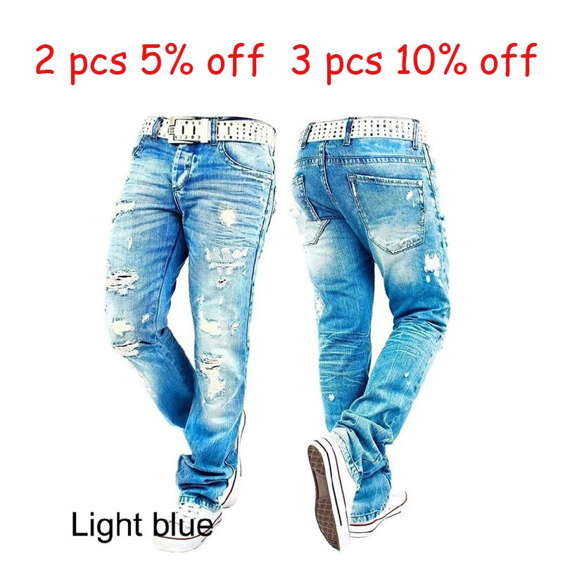 Hemiks Men&#39;s Ripped Skinny Distressed Destroyed Slim Fit Stretch Biker Jeans Pants With Holes Men Casual Pants