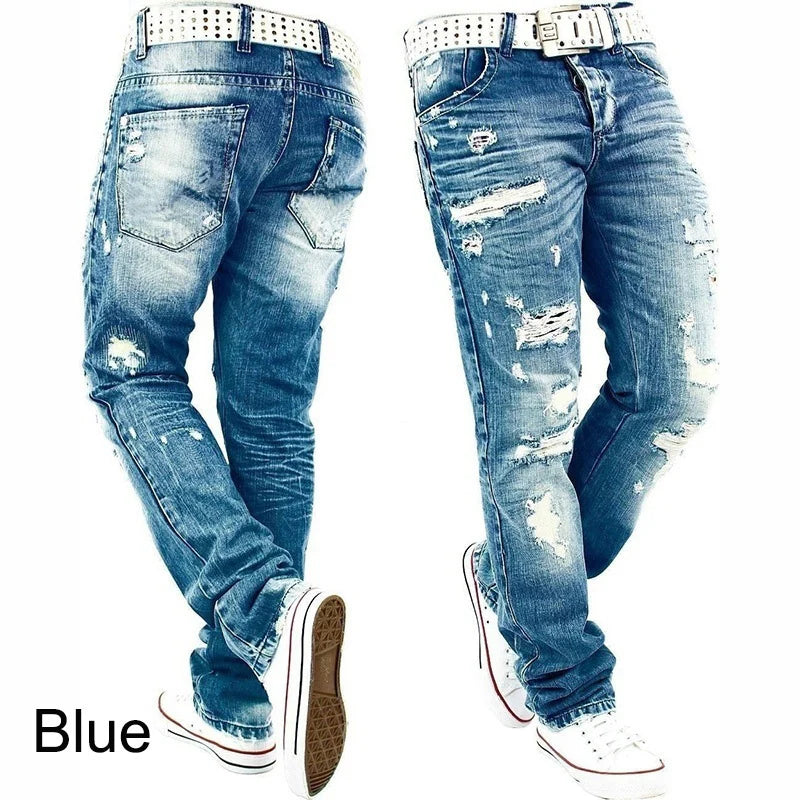 Hemiks Men&#39;s Ripped Skinny Distressed Destroyed Slim Fit Stretch Biker Jeans Pants With Holes Men Casual Pants