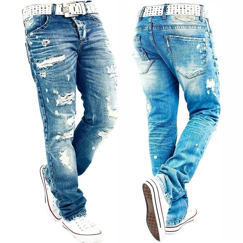 Hemiks Men&#39;s Ripped Skinny Distressed Destroyed Slim Fit Stretch Biker Jeans Pants With Holes Men Casual Pants