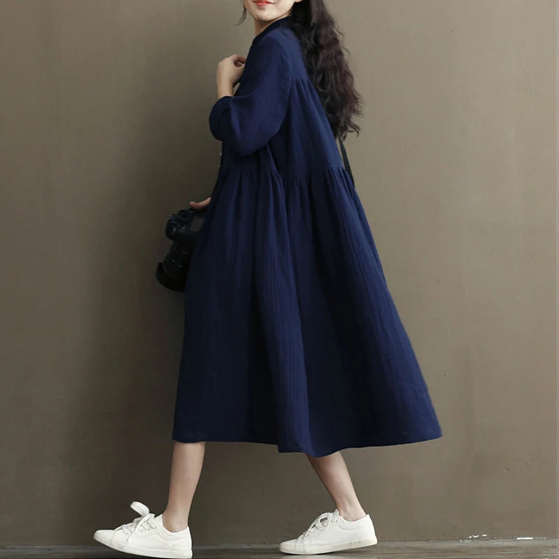 Johnature Cotton Linen White Color Women Dress 2020 Spring New Long Sleeve Stand Neck Loose Bat Sleeve Irregular Dresses