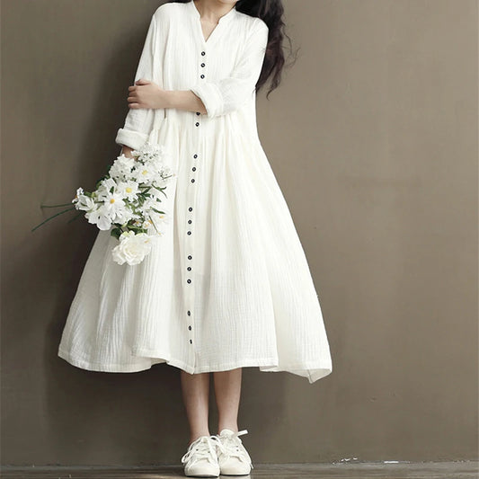 Johnature Cotton Linen White Color Women Dress 2020 Spring New Long Sleeve Stand Neck Loose Bat Sleeve Irregular Dresses