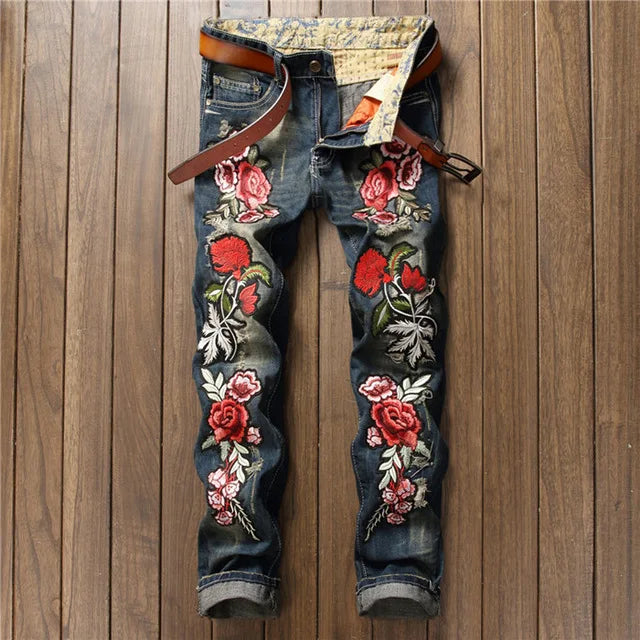 New Fashion Designer Men Jeans Famous Brand Italian luxury Rose Embroidered Jeans Slim Fit Mens Printed Jeans Biker Denim Pants