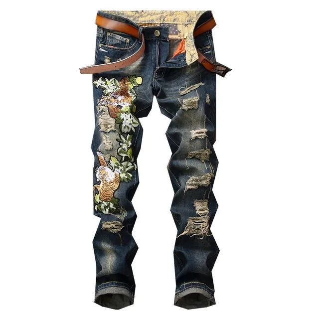 New Fashion Designer Men Jeans Famous Brand Italian luxury Rose Embroidered Jeans Slim Fit Mens Printed Jeans Biker Denim Pants