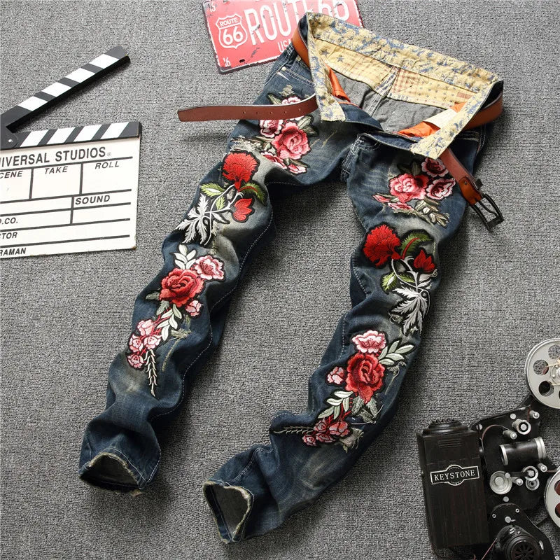 New Fashion Designer Men Jeans Famous Brand Italian luxury Rose Embroidered Jeans Slim Fit Mens Printed Jeans Biker Denim Pants