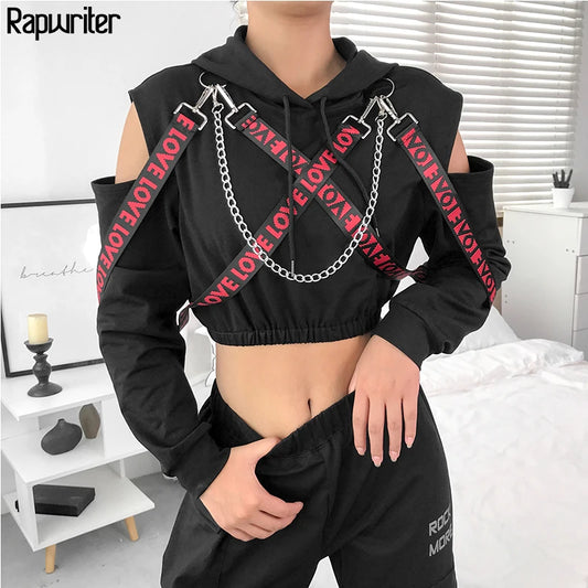 Rapwriter Casual Metal Chain Patchwork Letter Ribbon Long Sleeve Hoodies Women 2020 Fall Winter Black Harajuku Pullover Crop Top