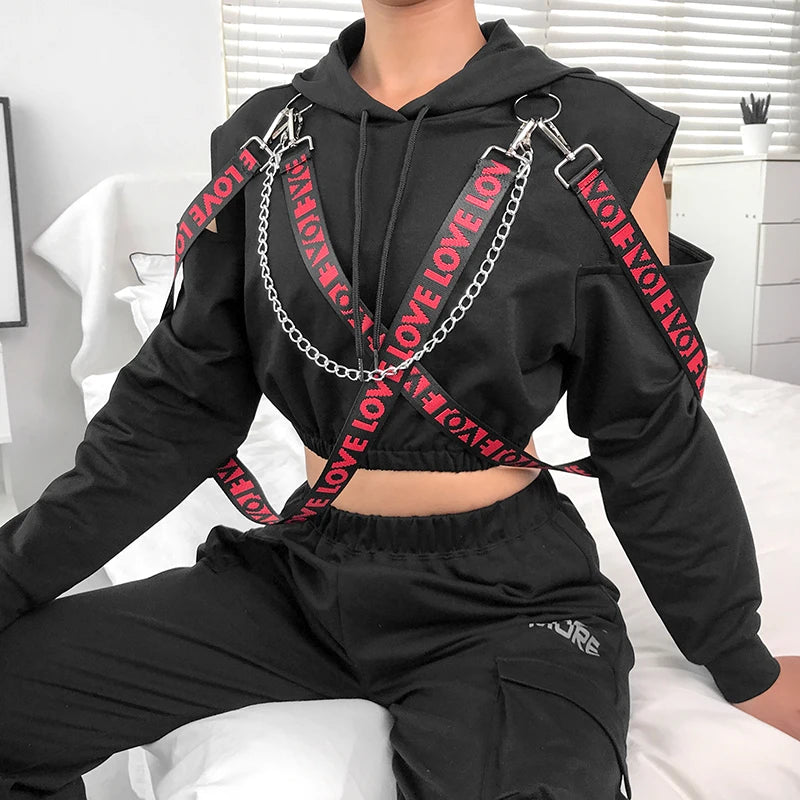 Rapwriter Casual Metal Chain Patchwork Letter Ribbon Long Sleeve Hoodies Women 2020 Fall Winter Black Harajuku Pullover Crop Top