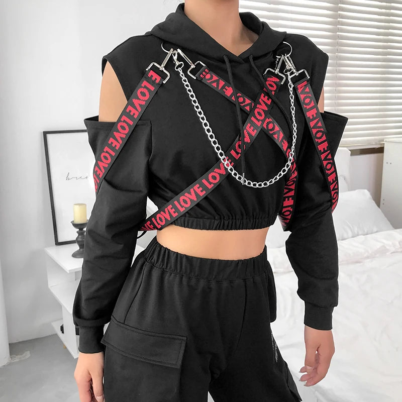 Rapwriter Casual Metal Chain Patchwork Letter Ribbon Long Sleeve Hoodies Women 2020 Fall Winter Black Harajuku Pullover Crop Top