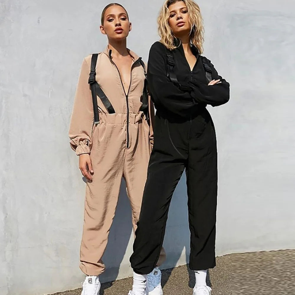 Women Loose Jumpsuit With Buckle Belt Khaki Long Sleeve Overalls High Street Fashion Autumn Female Black Zipper Romper Playsuit