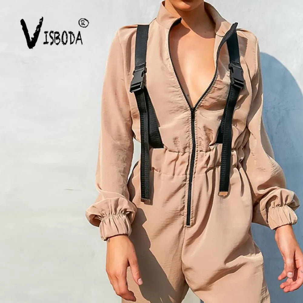 Women Loose Jumpsuit With Buckle Belt Khaki Long Sleeve Overalls High Street Fashion Autumn Female Black Zipper Romper Playsuit