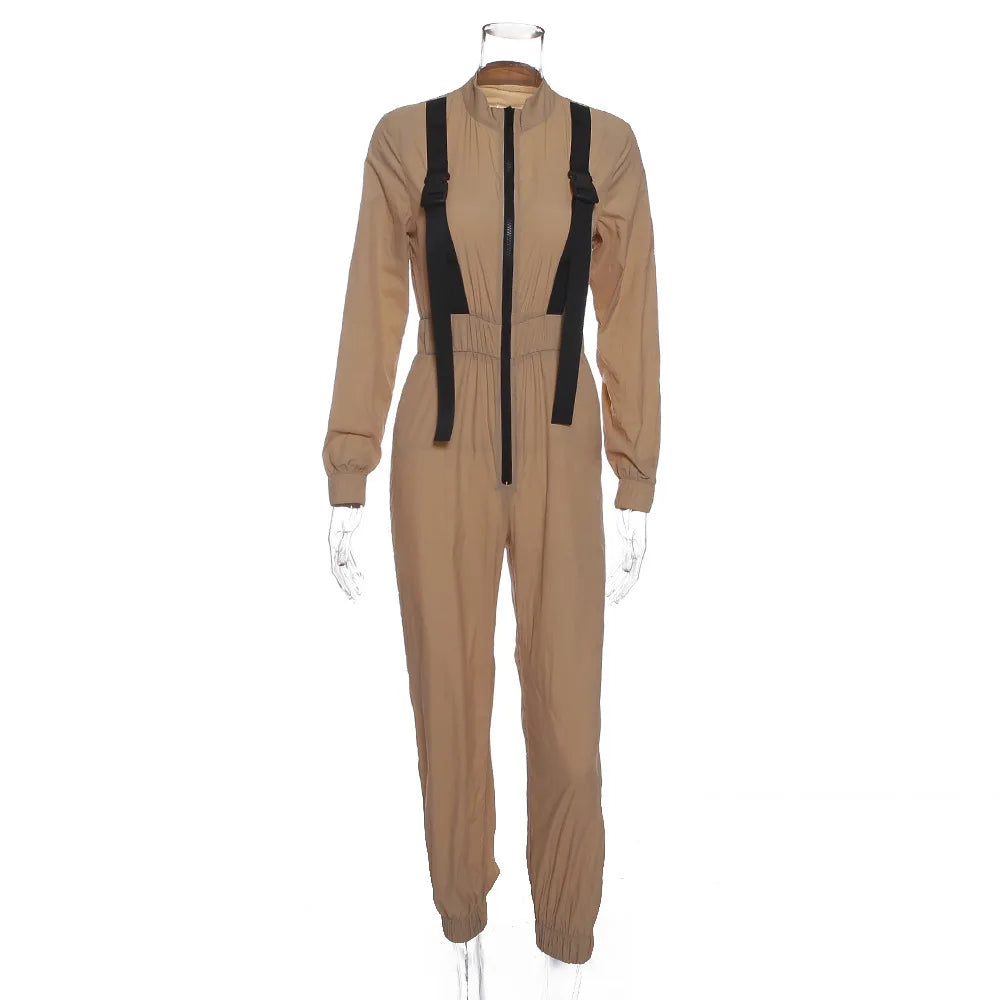 Women Loose Jumpsuit With Buckle Belt Khaki Long Sleeve Overalls High Street Fashion Autumn Female Black Zipper Romper Playsuit