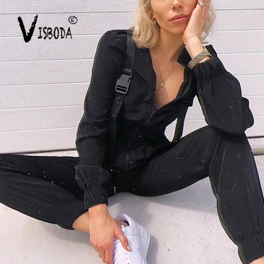 Women Loose Jumpsuit With Buckle Belt Khaki Long Sleeve Overalls High Street Fashion Autumn Female Black Zipper Romper Playsuit